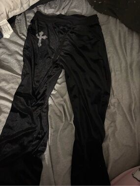 Black Rhinestone Cross Velvet Lounge Pants